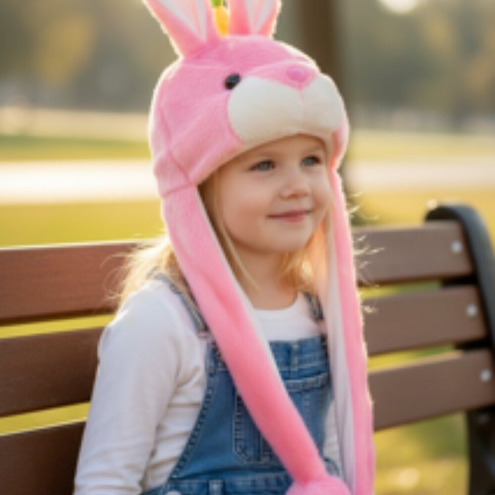 Pink Girl's Hat  Plush Fuzzy Snow beanie Bunny Ears Warm‎  Fluffy Pom Pom Tie